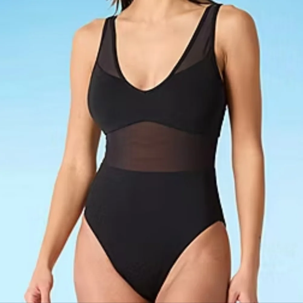 Mynah Women's Size Large Bathing Suit Swimwear Black Mesh Midriff